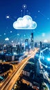 Cityscape with cloud computing network and data transfer connections at night Royalty Free Stock Photo