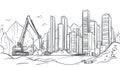 Construction excavator digging dirt with city skyline and mountains in background, sketch style Royalty Free Stock Photo