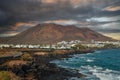 Lanzarote island, Costa Teguise resort at sunset, Canary Islands nature landscape Royalty Free Stock Photo