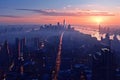 Cityscape at dawn with soft morning light casting long shadows across the skyline