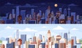 Cityscape at day and night time. City panoramic view with roofs of skyscrapers buildings at midday and midnight. Colored Royalty Free Stock Photo