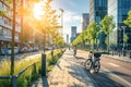 A cityscape with dedicated lanes for bicycles and electric scooters