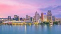 Cityscape of Detroit skyline in Michigan, USA at sunset