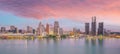 Cityscape of Detroit skyline in Michigan, USA at sunset