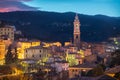 Cityscape of Dolcedo at dusk - small town in Ligurian Alps, Italy