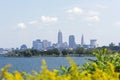 Cityscape of downtown Cleveland with Edgewater beach, Lake Erie