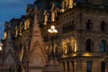 Cityscape of downtown Ottawa, Canada at night with street lights and historic government buildings. Royalty Free Stock Photo