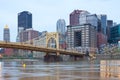Cityscape of downtown Pittsburgh with Roberto Clemente Bridge Royalty Free Stock Photo