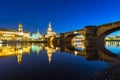 Cityscape of Dresden at Elbe River and Augustus Bridge at night, Saxony. Germany Royalty Free Stock Photo