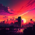 Sunset cityscape illustration. Created using ai generative. Royalty Free Stock Photo