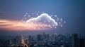 Cityscape at dusk with a conceptual cloud network hovering above, representing data storage, internet, and smart urban solutions Royalty Free Stock Photo