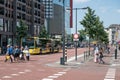 Cityscape Dutch city Utrecht with urban bus waiting for people