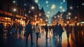 Cityscape with dynamic crowd moving through streets adorned with glow of 5G internet lines