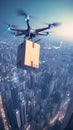 Cityscape efficiency Drone package delivery exemplifies fast and reliable shipping Royalty Free Stock Photo