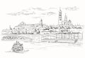 Cityscape of embankment of Kremlin towers and bridge across Moscow river Red Square, Moscow, Russia isolated vector hand drawing