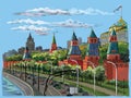 Cityscape of embankment of Kremlin towers and Moscow river Red Square, Moscow, Russia Colorful isolated vector hand drawing