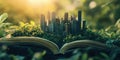 Cityscape emerging from an open book surrounded by lush greenery and sunlight Royalty Free Stock Photo