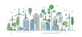 Cityscape with environmentally friendly technology or ecology protection vector illustration in line art style. City