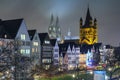 Cityscape - evening view on the Rhine promenade on background the Great Saint Martin Church and Cologne Cathedral Royalty Free Stock Photo