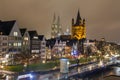 Cityscape - evening view on the Rhine promenade on background the Great Saint Martin Church and Cologne Cathedral Royalty Free Stock Photo