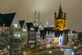 Cityscape - evening view on the Rhine promenade on background the Great Saint Martin Church and Cologne Cathedral Royalty Free Stock Photo