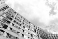 Cityscape facade detail in infrared black and white, on a cloudy day