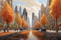 Cityscape Fall season in the streets skyscraper and cars. AI Generated