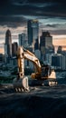 Cityscape featuring construction excavator at forefront, symbolizing development