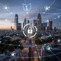 Futuristic cityscape with digital security network overlay. Royalty Free Stock Photo