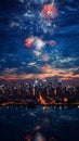 A cityscape with fireworks in the sky. New year festivities Royalty Free Stock Photo