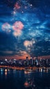 A cityscape with fireworks in the sky. New year festivities Royalty Free Stock Photo