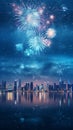 A cityscape with fireworks in the sky. New year festivities Royalty Free Stock Photo