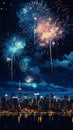 A cityscape with fireworks in the sky. New year festivities Royalty Free Stock Photo