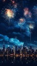 A cityscape with fireworks in the sky. New year festivities Royalty Free Stock Photo