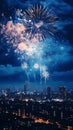 A cityscape with fireworks in the sky. New year festivities Royalty Free Stock Photo