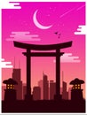 Cityscape flat design minimalist at night, shooting star and crescent moon