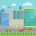 Cityscape flat style. Modern big hight skyscrapers town. Cars on a road in the city. Urban street landscape. Royalty Free Stock Photo