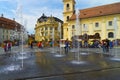 Cityscape with fountains in the center of Sibiu at Easter Fair Romania