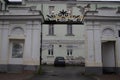 Cityscape: fragment of the house 2A Pushkin street. Fretwork and decoration elements of buildings.