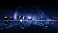 Cityscape futuristic 3d city neon light with power energy ball background. Blue Hologram Tech Ball at center of Futuristic