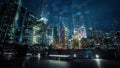 Cityscape with futuristic data communication. Hyperlapse