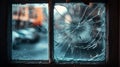 Cityscape glimpsed through fractured glass, urban chaos and resilience. Revealing a city unbroken