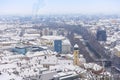 Cityscape of Graz with the Franciscan Church tower and historic and modern buildings of Graz, Styria region, Austria, with snow,