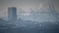 Cityscape of Hamburg, Germany, at a cold foggy day with silhouettes of cranes at the harbor Royalty Free Stock Photo