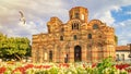 Cityscape with historic buildings - view of the Church of Christ Pantocrator in the Old Town of Nesebar Royalty Free Stock Photo