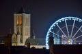 Cityscape of the historic city of Ghent and Roue de paris ferry wheel in Ghent, Christmas Royalty Free Stock Photo