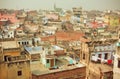 Cityscape of historical indian city with brick buildings in bad condition