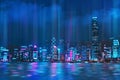 Cityscape of Hong Kong city skyline at night over Victoria Harbor with reflecting in harbour, Cyberpunk color style Royalty Free Stock Photo