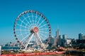 Cityscape of HongKong Island, Central district with skyline and Ferris wheel near Victoria Harbour