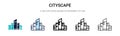 Cityscape icon in filled, thin line, outline and stroke style. Vector illustration of two colored and black cityscape vector icons Royalty Free Stock Photo